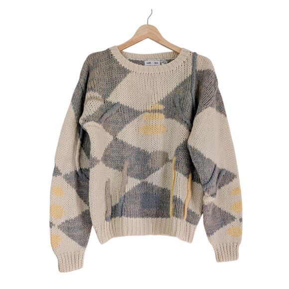 Vintage Pullover Sweater L Wool Blend 3D Cream Gray Yellow Chunky 80s Geometric - Picture 1 of 11
